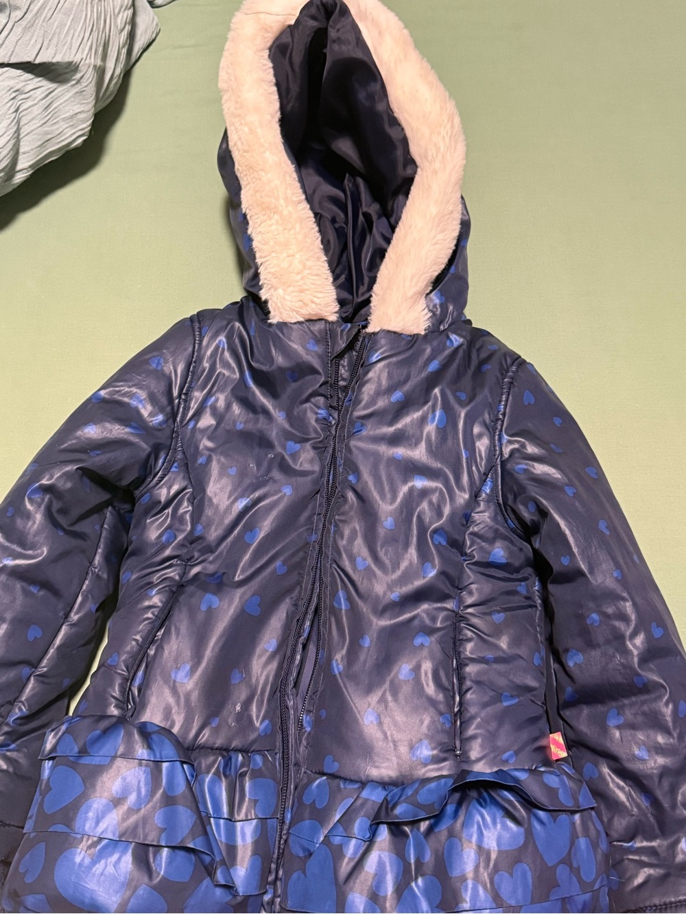 Billieblush Navy Blue Heart-Print Hooded Puffer with Cream Faux-Fur Trim